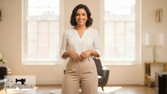 Mulher sorridente e confiante em pé, com as mãos na cintura, vestindo uma calça de alfaiataria bege com caimento impecável e sem sobras.